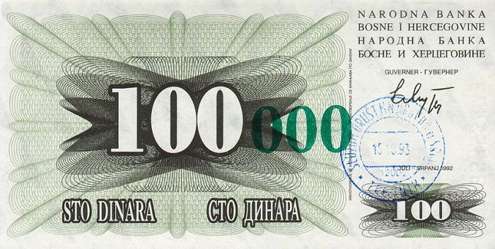Front of Bosnia and Herzegovina p56a: 100000 Dinara from 1993