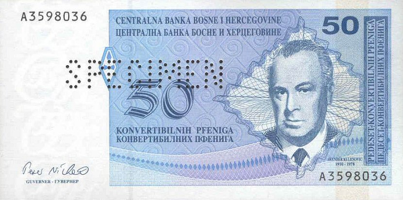 Front of Bosnia and Herzegovina p57s: 50 Convertible Pfeniga from 1998