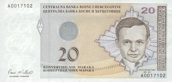 Front of Bosnia and Herzegovina p65a: 20 Convertible Maraka from 1998