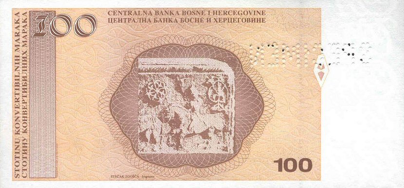 Back of Bosnia and Herzegovina p69s1: 100 Convertible Maraka from 1998