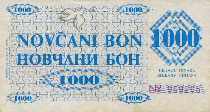 Front of Bosnia and Herzegovina p8h: 1000 Dinara from 1992