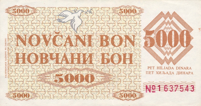 Front of Bosnia and Herzegovina p9h: 5000 Dinara from 1992