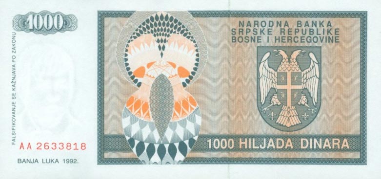 Back of Bosnia and Herzegovina p137a: 1000 Dinara from 1992