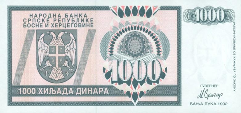 Front of Bosnia and Herzegovina p137a: 1000 Dinara from 1992