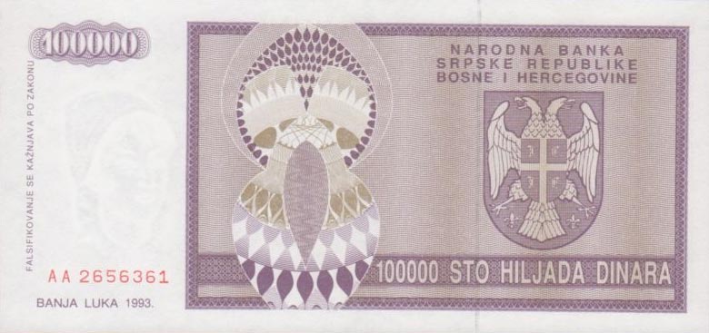 Back of Bosnia and Herzegovina p141a: 100000 Dinara from 1993