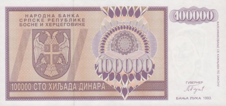 Front of Bosnia and Herzegovina p141a: 100000 Dinara from 1993