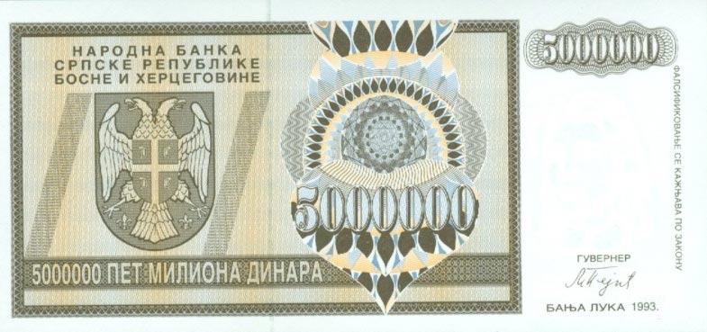 Front of Bosnia and Herzegovina p143a: 5000000 Dinara from 1993