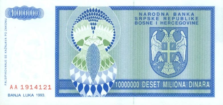 Back of Bosnia and Herzegovina p144a: 10000000 Dinara from 1993