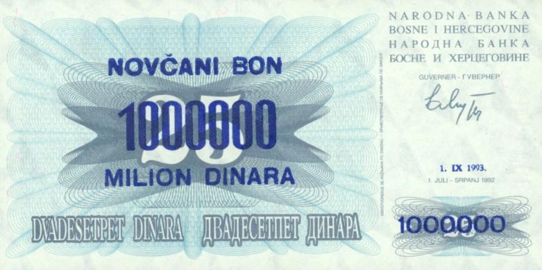 Front of Bosnia and Herzegovina p35a: 1000000 Dinara from 1993