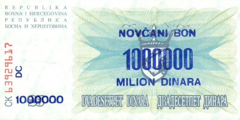 Back of Bosnia and Herzegovina p35b: 1000000 Dinara from 1993