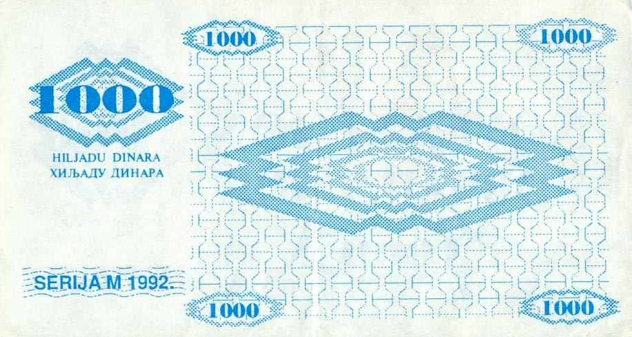 Back of Bosnia and Herzegovina p8g: 1000 Dinara from 1992