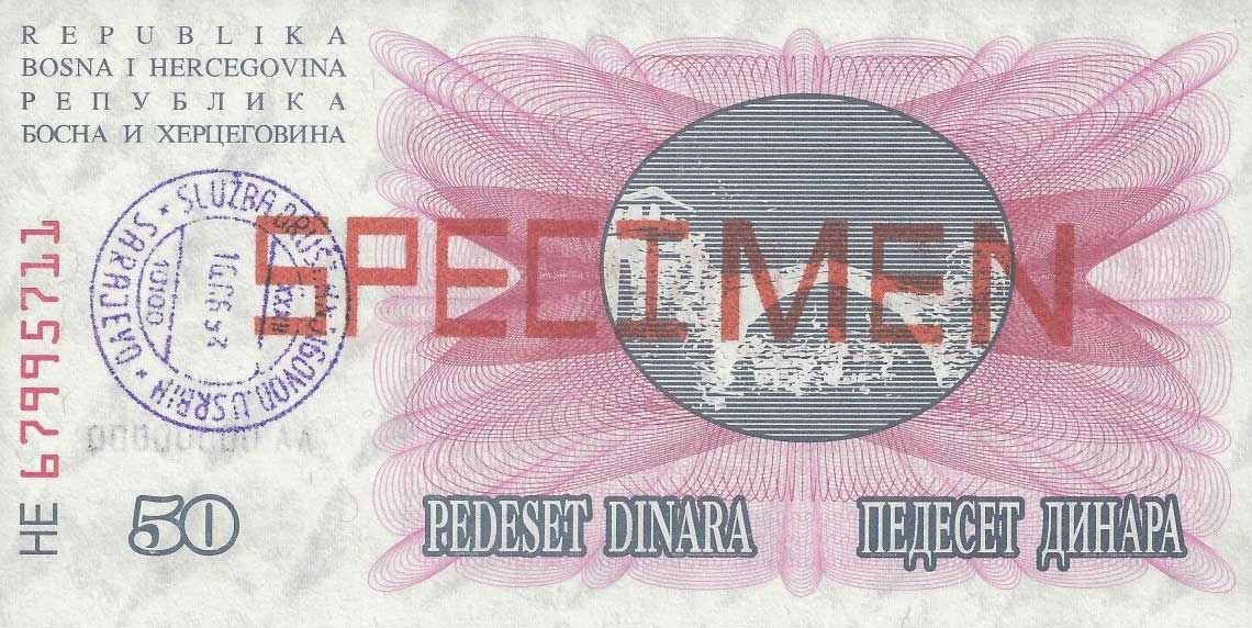 Back of Bosnia and Herzegovina p12s: 50 Dinara from 1992