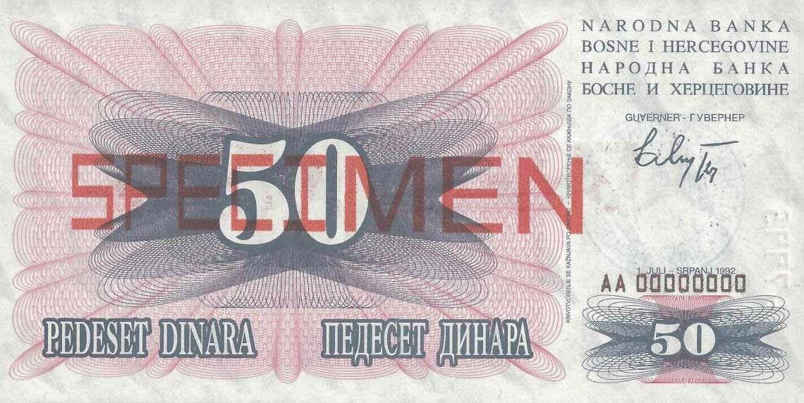 Front of Bosnia and Herzegovina p12s: 50 Dinara from 1992