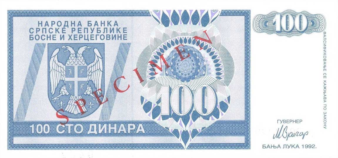 Front of Bosnia and Herzegovina p135s: 100 Dinara from 1992