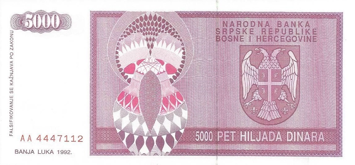 Back of Bosnia and Herzegovina p138a: 5000 Dinara from 1992