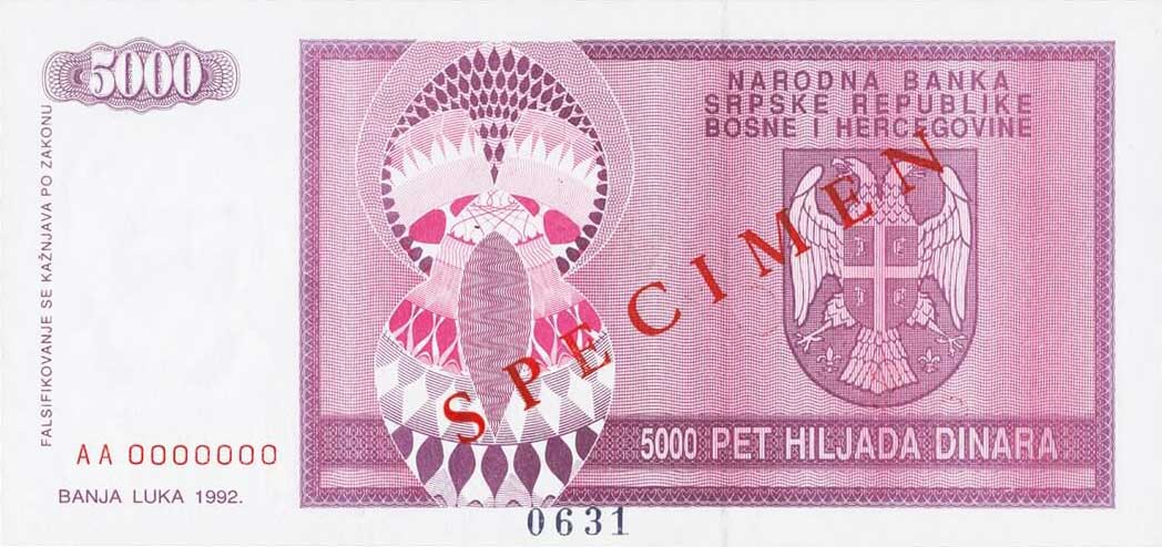 Back of Bosnia and Herzegovina p138s: 5000 Dinara from 1992