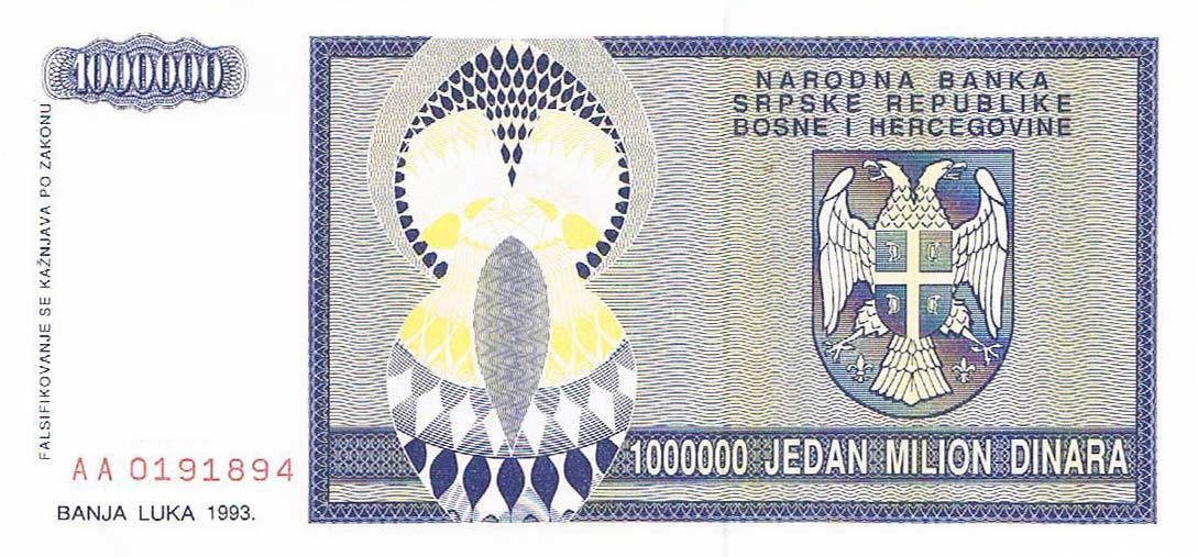 Back of Bosnia and Herzegovina p142a: 1000000 Dinara from 1993