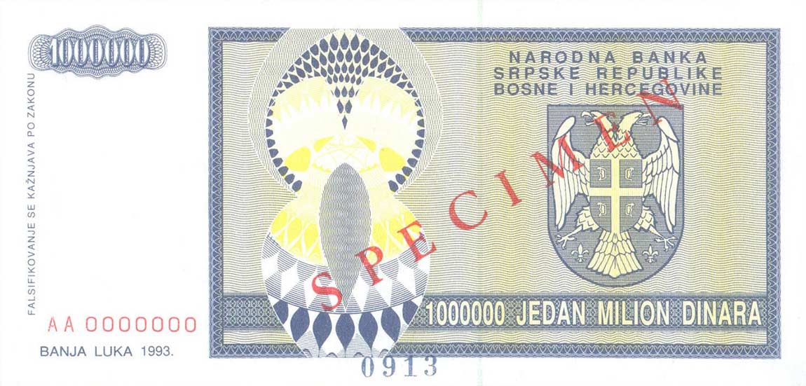 Back of Bosnia and Herzegovina p142s: 1000000 Dinara from 1993