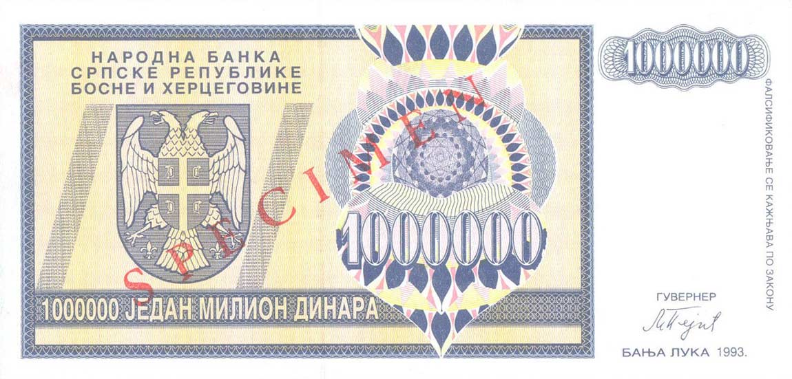 Front of Bosnia and Herzegovina p142s: 1000000 Dinara from 1993