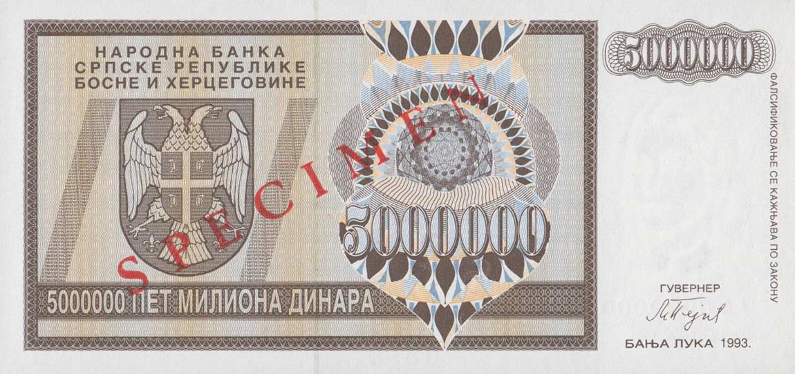 Front of Bosnia and Herzegovina p143s: 5000000 Dinara from 1993