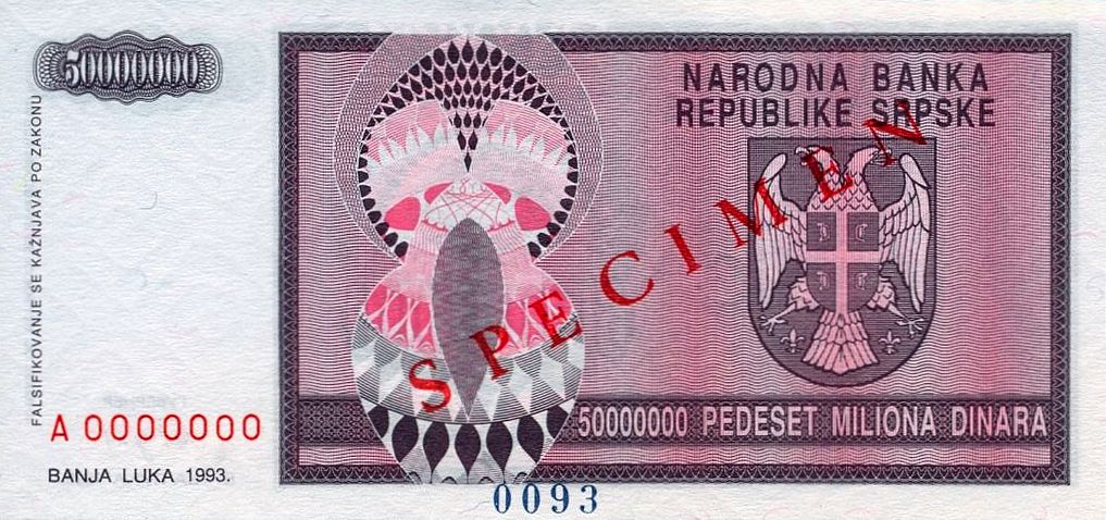 Back of Bosnia and Herzegovina p145s: 50000000 Dinara from 1993