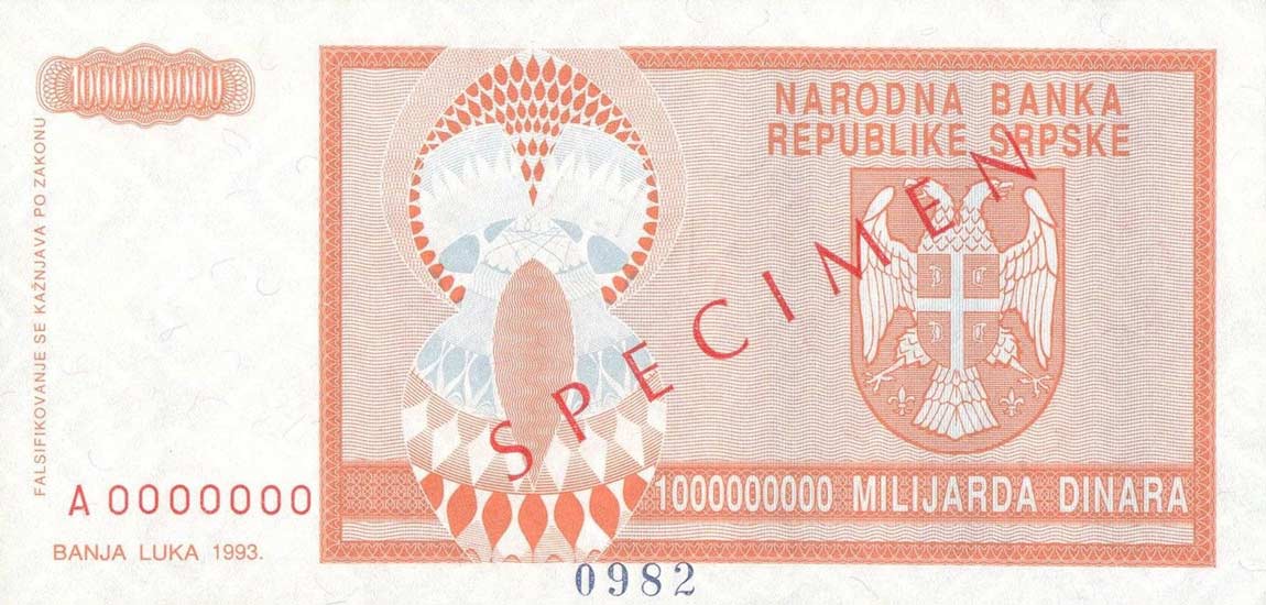 Back of Bosnia and Herzegovina p147s: 1000000000 Dinara from 1993