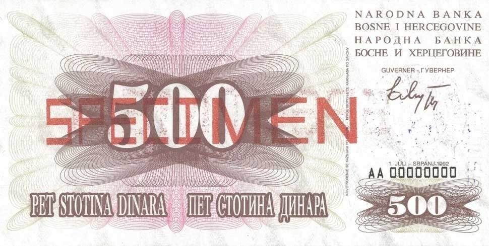 Front of Bosnia and Herzegovina p14s: 500 Dinara from 1992