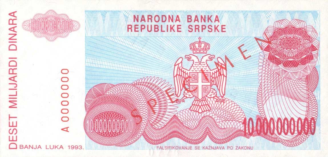 Back of Bosnia and Herzegovina p159s: 10000000000 Dinara from 1993