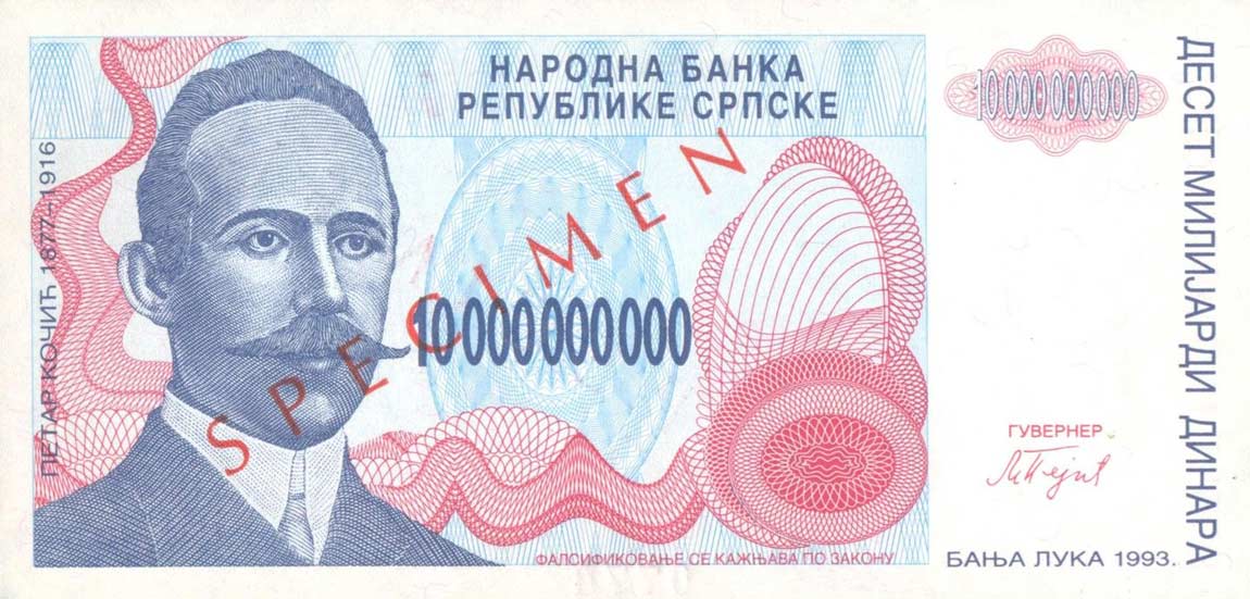 Front of Bosnia and Herzegovina p159s: 10000000000 Dinara from 1993