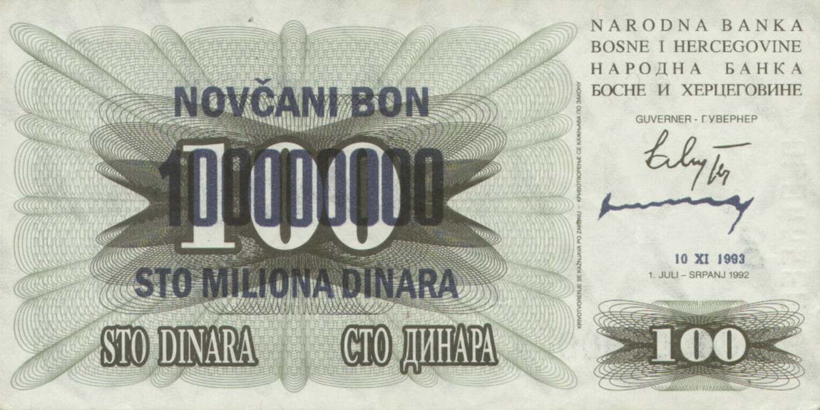 Front of Bosnia and Herzegovina p37b: 100000000 Dinara from 1993