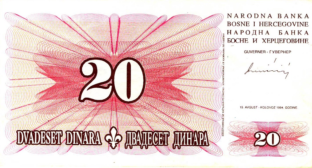 Front of Bosnia and Herzegovina p42a: 20 Dinara from 1994