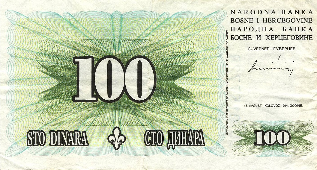 Front of Bosnia and Herzegovina p44a: 100 Dinara from 1994