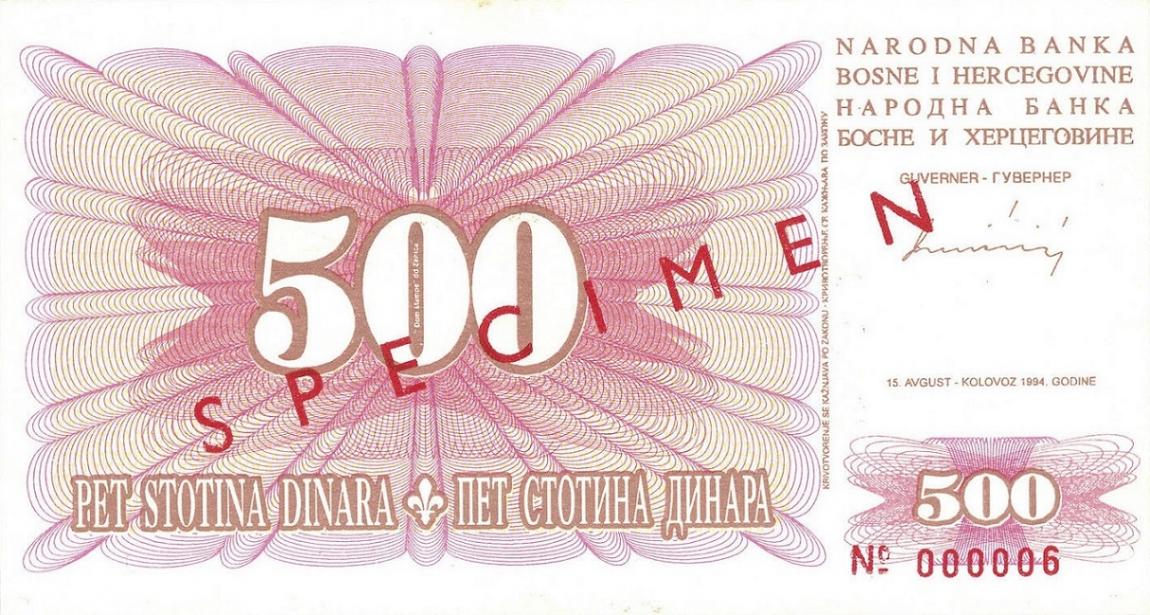 Front of Bosnia and Herzegovina p45s: 500 Dinara from 1994