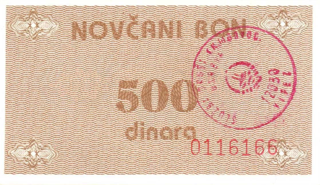 Front of Bosnia and Herzegovina p49c: 500 Dinara from 1992