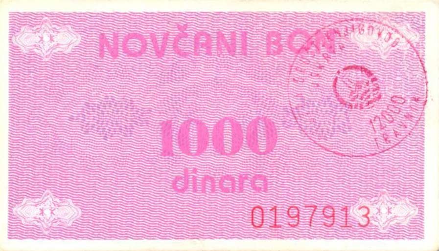 Front of Bosnia and Herzegovina p50a: 1000 Dinara from 1992