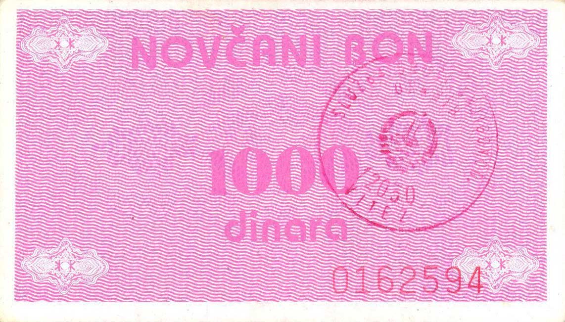 Front of Bosnia and Herzegovina p50c: 1000 Dinara from 1992
