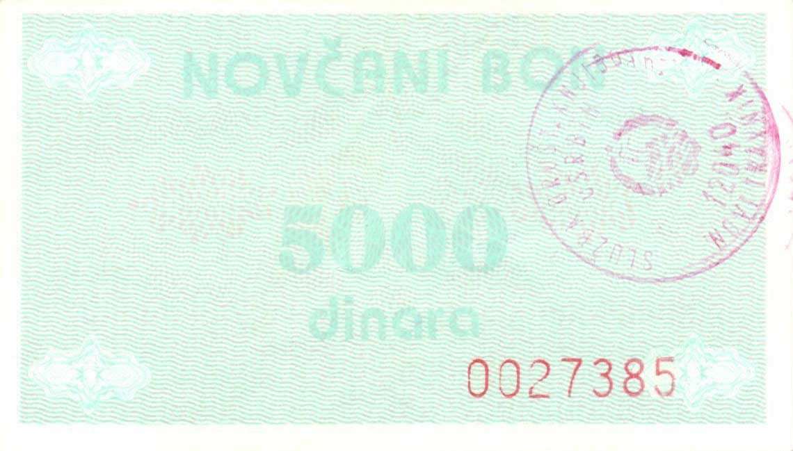 Front of Bosnia and Herzegovina p51b: 5000 Dinara from 1992