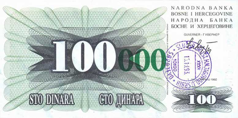Front of Bosnia and Herzegovina p56e: 100000 Dinara from 1993