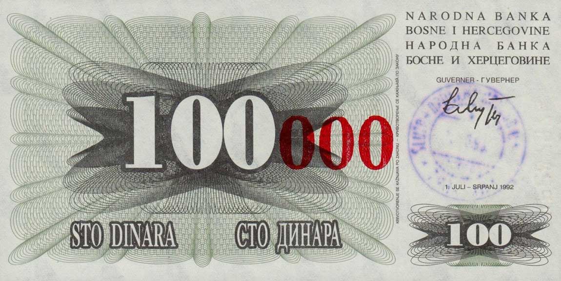 Front of Bosnia and Herzegovina p56l: 100000 Dinara from 1993