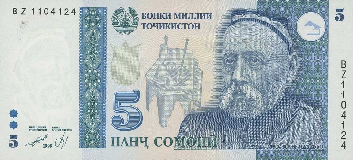 Front of Tajikistan p15r: 5 Somoni from 1999