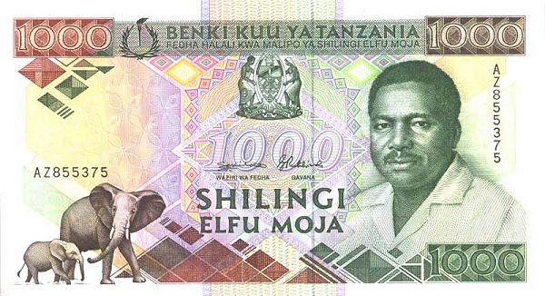 Front of Tanzania p22: 1000 Shilingi from 1990