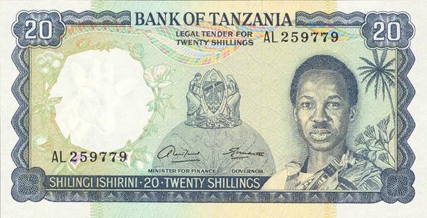 Front of Tanzania p3a: 20 Shillings from 1966