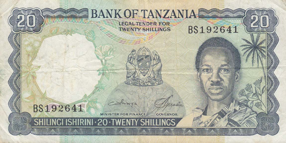 Front of Tanzania p3c: 20 Shillings from 1966