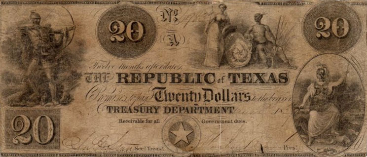 Front of Texas p27: 20 Dollars from 1839