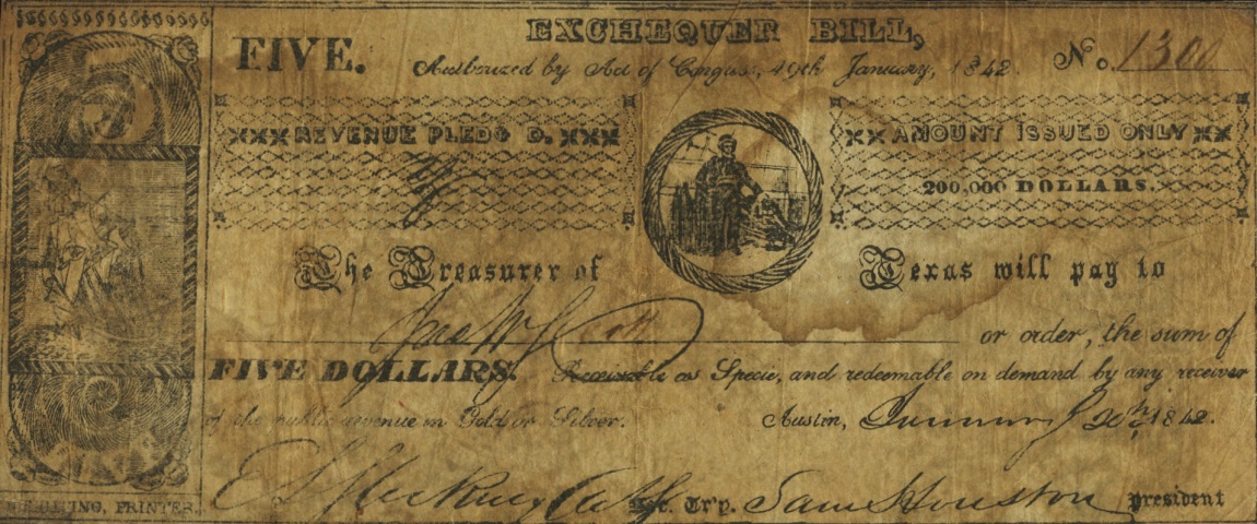 Front of Texas p38: 5 Dollars from 1842