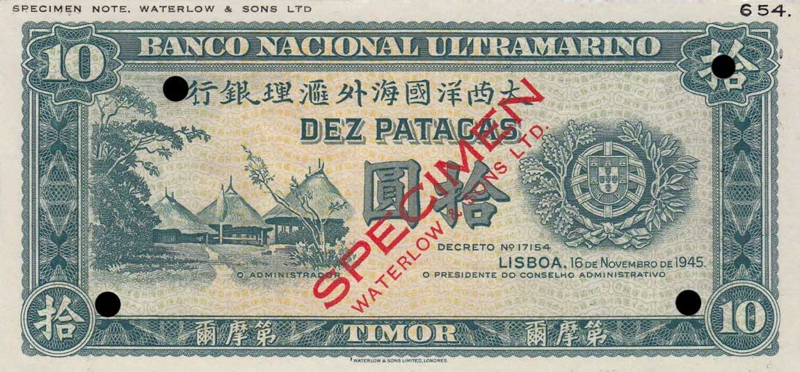 Front of Timor p18ct: 10 Patacas from 1945