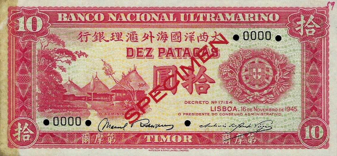 Front of Timor p18s: 10 Patacas from 1945