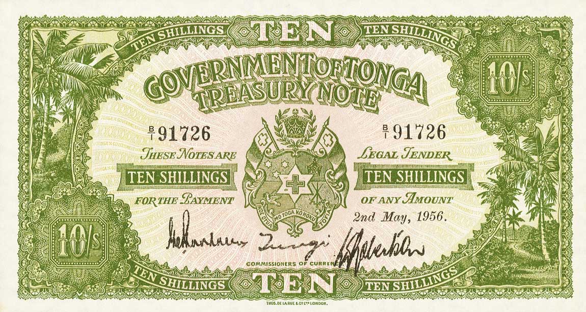 Front of Tonga p10c: 10 Shillings from 1956