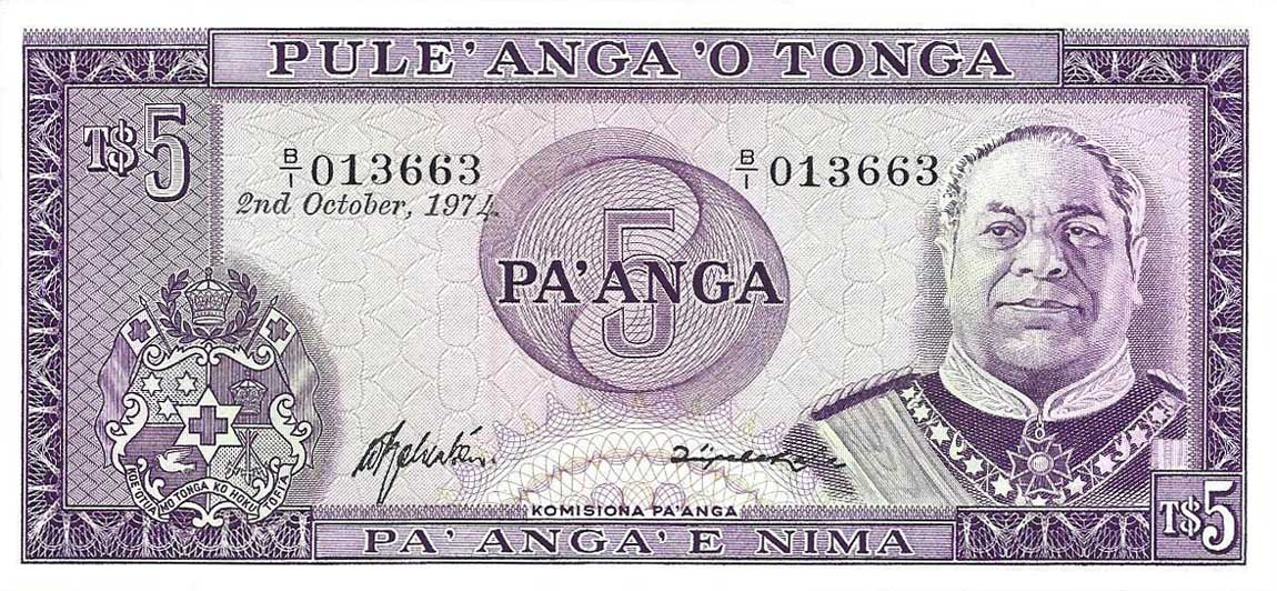 Front of Tonga p21a: 5 Pa'anga from 1974