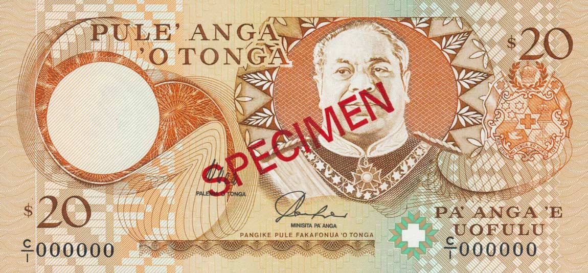 Front of Tonga p29s: 20 Pa'anga from 1992